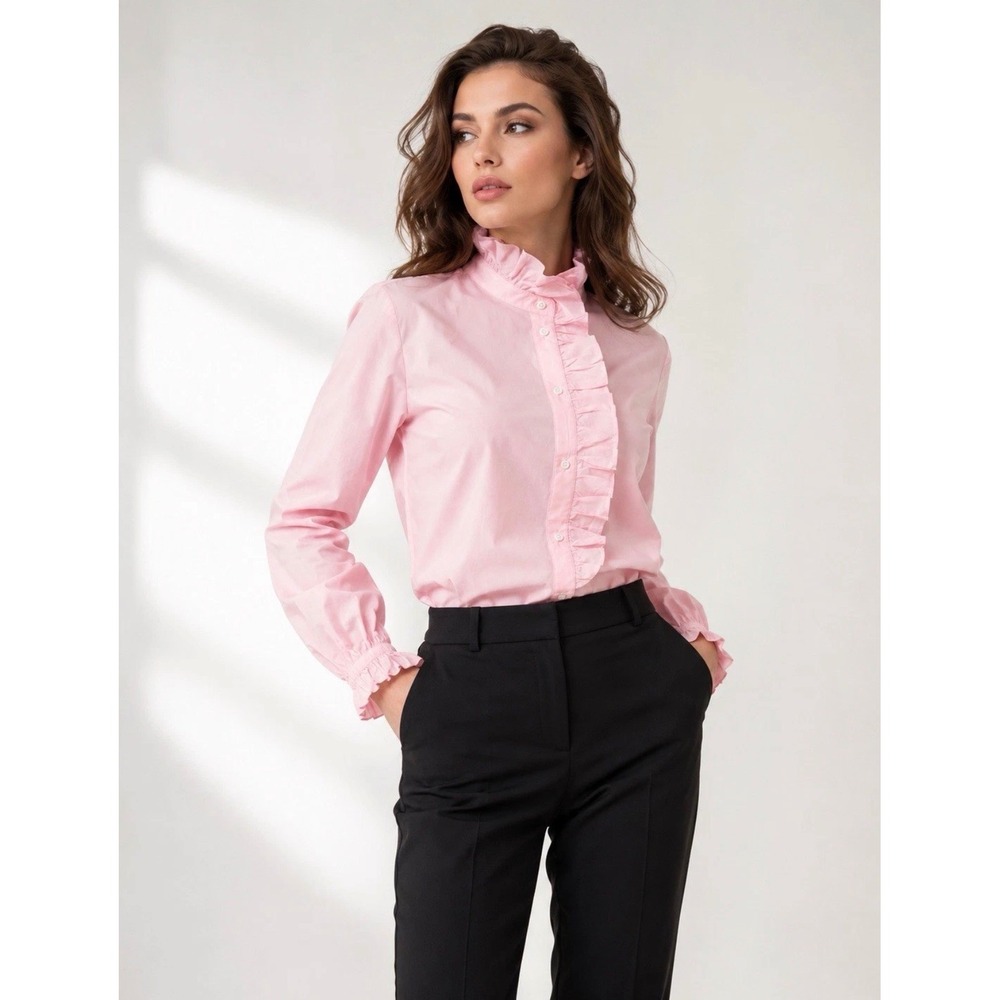 J.Crew Pink Ruffle Front Button Down Blouse Long Sleeve Gold Buttons Size 14